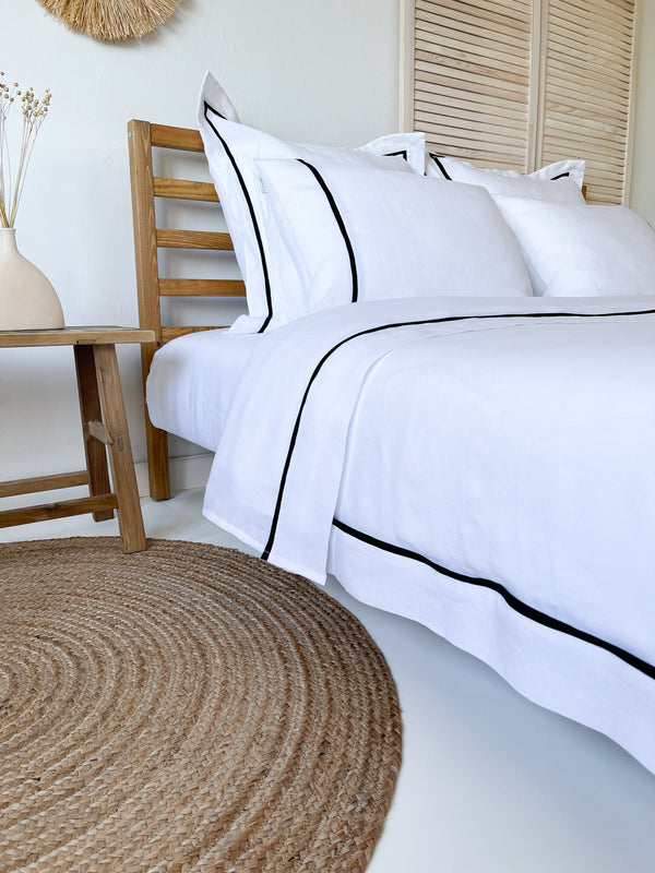 White Washed Linen Bedding Set with Black Trim