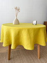 Yellow Round Linen Tablecloth with Hemstitch