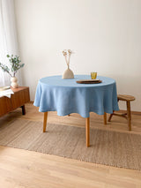 Light Blue Round Linen Tablecloth with Hemstitch