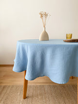 Light Blue Round Linen Tablecloth with Hemstitch