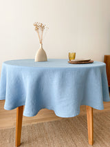 Light Blue Round Linen Tablecloth with Hemstitch