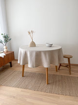 Beige Round Linen Tablecloth with Hemstitch