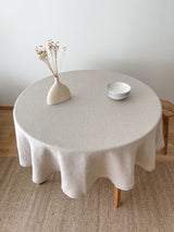 Beige Round Linen Tablecloth with Hemstitch