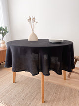 Black Round Linen Tablecloth with Hemstitch
