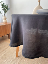 Black Round Linen Tablecloth with Hemstitch