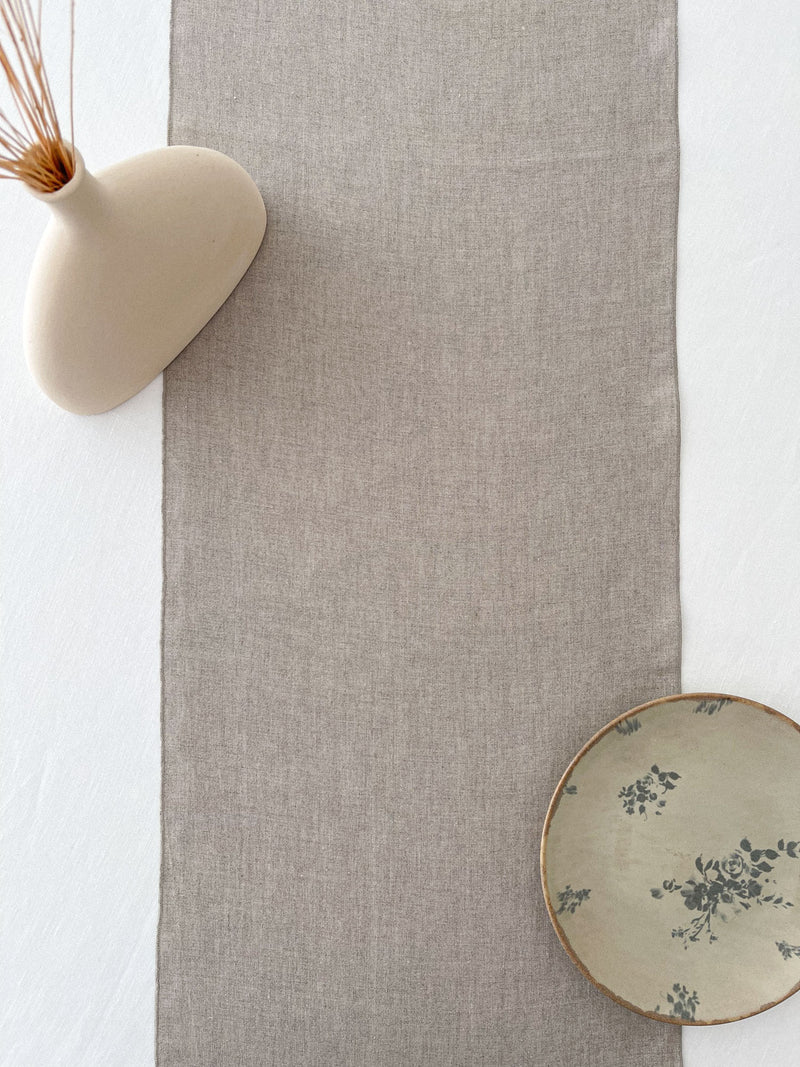 Beige Washed Linen Table Runner with Stitch Edges
