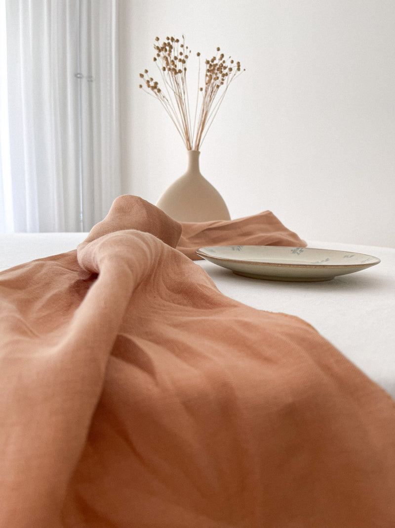 Tan Washed Linen Table Runner with Stitch Edges