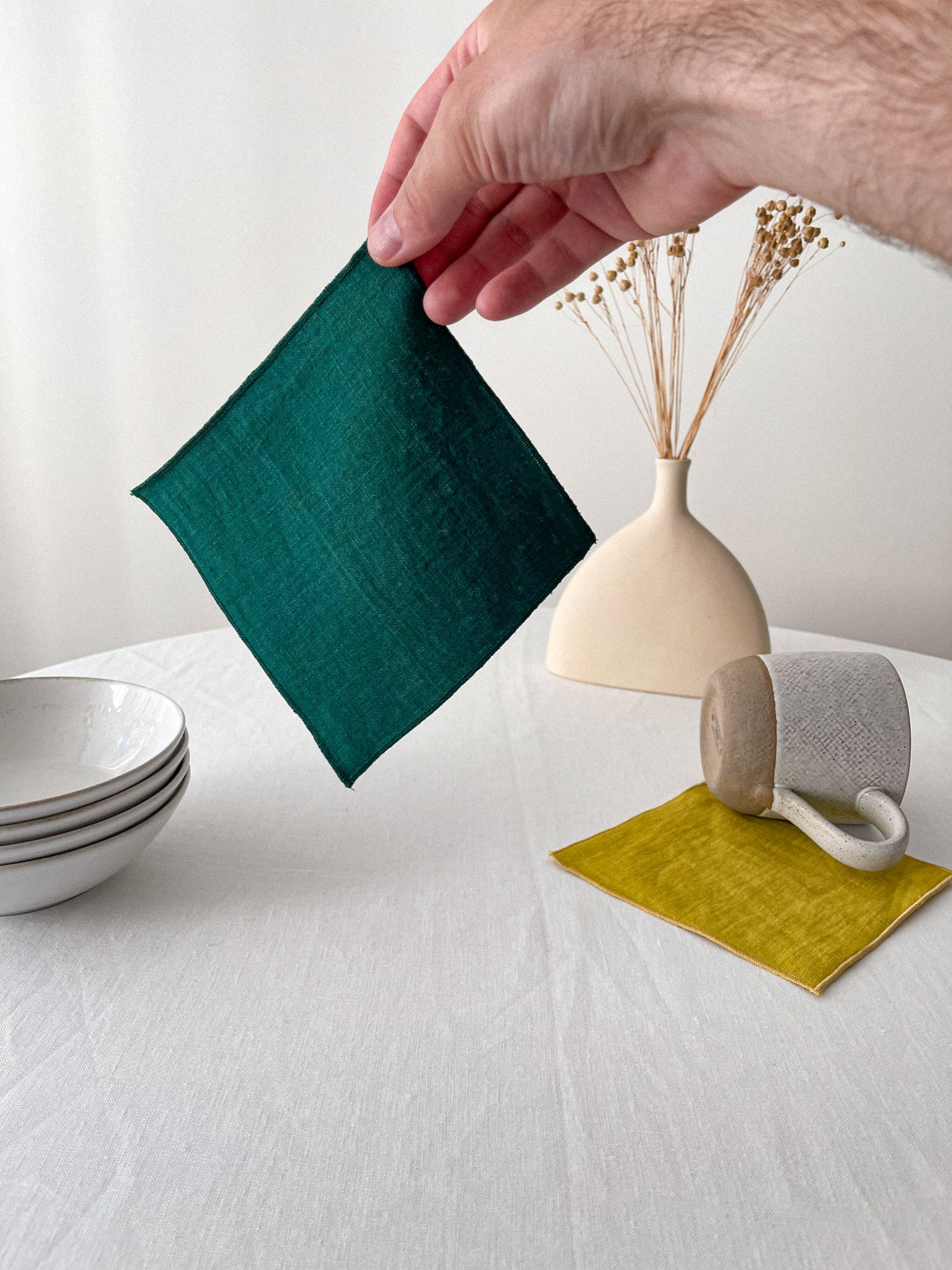 Dark Green Linen Coasters with Stitch Edges Set of 4 LinenNotes