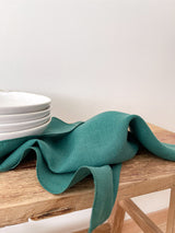 Dark Green Washed Linen Napkins with Stitch Edges