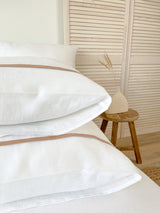 White Housewife Style Linen Pillowcase with Tan Trim
