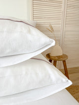 White Housewife Style Linen Pillowcase with Dusty Pink Trim