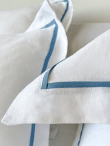 White Linen Sheet set with Pillow Shams and Light Blue Trim