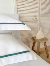 White Linen Pillow Sham with Dark Green Trim
