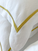 White Linen Sheet set with Pillow Shams and Yellow Trim