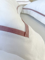 White Linen Sheet set with Pillow Shams and Dusty Pink Trim