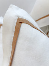 White Linen Sheet set with Pillow Shams and Tan Trim