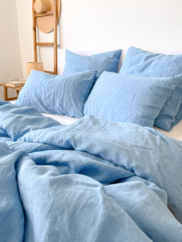 Light Blue Washed Linen Bedding Set
