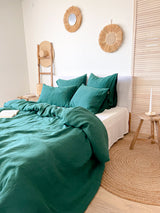 Dark Green Washed Linen Bedding Set