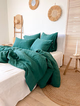 Dark Green Washed Linen Bedding Set