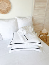 White Linen Sheet set with Pillow Shams and Black Trim