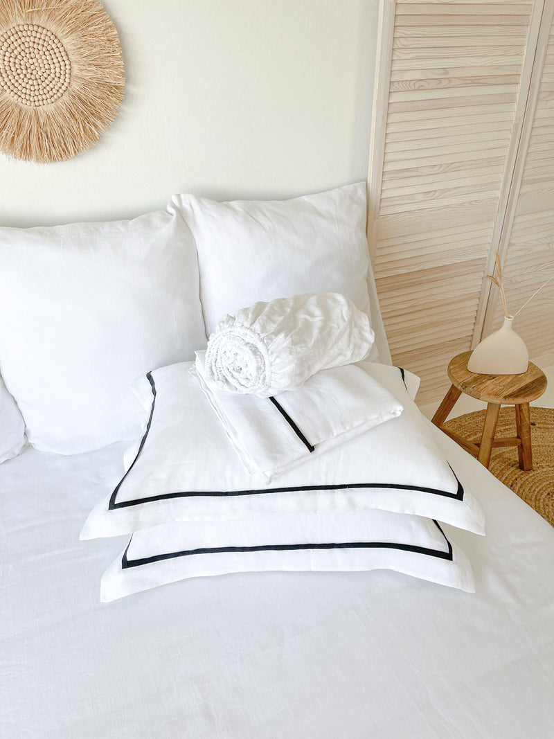 White Linen Sheet set with Border Pillowcases and Black Trim