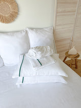 White Linen Sheet set with Dark Green Trim