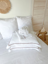 White Linen Sheet set with Pillow Shams and Dusty Pink Trim