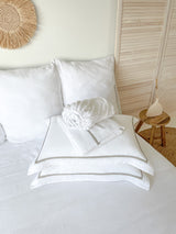 White Linen Sheet set with Oxford Style Pillowcases and Beige Trim