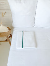 White Linen Flat Sheet with Dark Green Trim