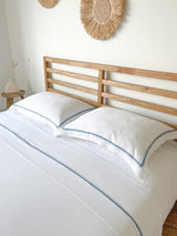 White Linen Sheet set with Pillow Shams and Light Blue Trim