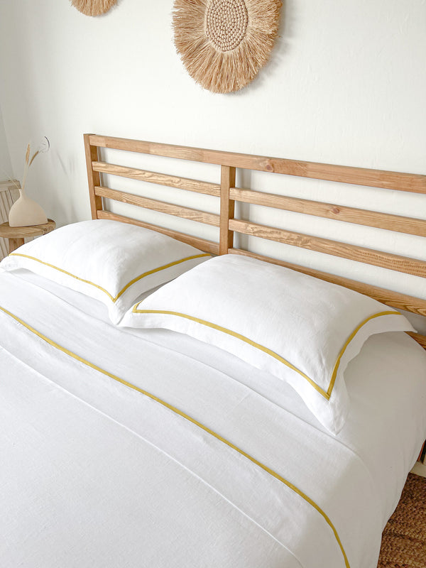 White Linen Sheet set with Border Pillowcases and Yellow Trim