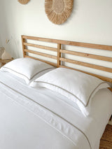 White Linen Sheet set with Pillow Shams and Beige Trim