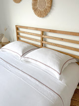 White Linen Sheet set with Pillow Shams and Dusty Pink Trim