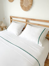 White Linen Sheet set with Dark Green Trim