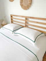 White Linen Pillow Sham with Dark Green Trim