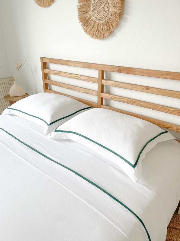 White Linen Sheet set with Oxford Style Pillowcases and Dark Green Trim