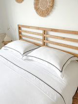 White Linen Sheet set with Pillow Shams and Dark Grey Trim