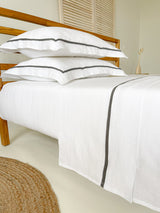 White Linen Sheet set with Oxford Style Pillowcases and Dark Grey Trim