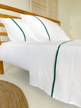 White Linen Sheet set with Dark Green Trim