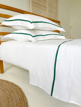 White Linen Sheet set with Pillow Shams and Dark Green Trim