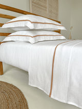 White Linen Sheet set with Oxford Style Pillowcases and Tan Trim