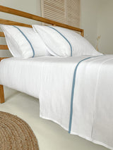 White Linen Sheet set with Light Blue Trim