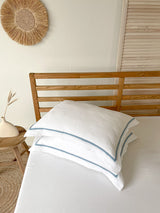 White Linen Pillow Sham with Light Blue Trim