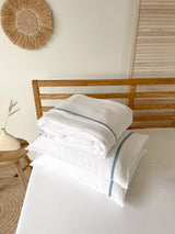 White Linen Duvet Cover set with Border and Light Blue Trim