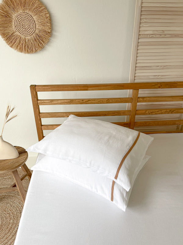 White Housewife Style Linen Pillowcase with Tan Trim uk