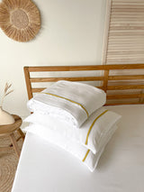 White Linen Duvet Cover set with Border and Yellow Trim