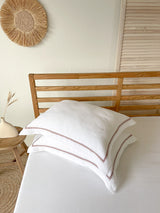 White Oxford Style Linen Pillowcase with Dusty Pink Trim