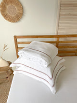 White Linen Duvet Cover Set with Border Pillowcases and Dusty Pink Trim