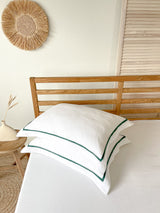 White Oxford Style Linen Pillowcase with Dark Green Trim