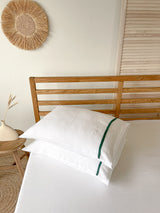 White Housewife Style Linen Pillowcase with Dark Green Trim